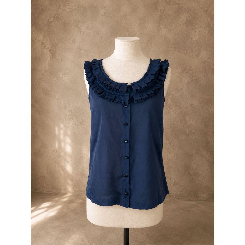 J. Crew Size 0 Silk Ruffle Trim Sleeveless Blouse Navy Blue Button Front